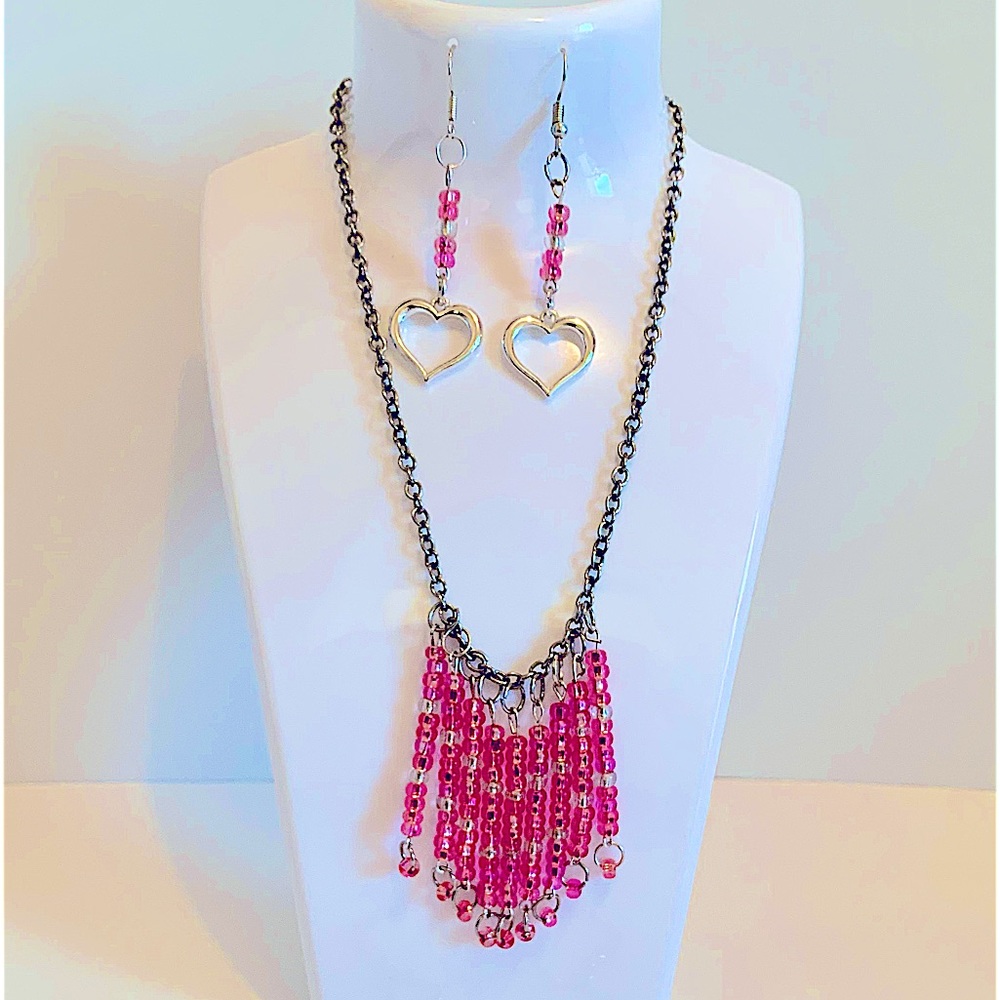 Handmade beaded pink necklace,bracelet, and earring set, silver tone metal